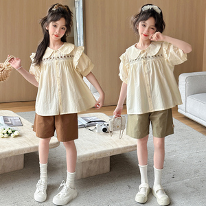 女孩洋气夏装2024新款时髦中大童娃娃领短袖上衣高腰短裤韩版套装