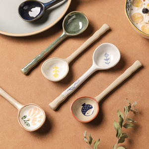 日式陶瓷小勺子家用喝汤家用可爱长柄调羹粗陶汤匙汤勺餐具高颜值