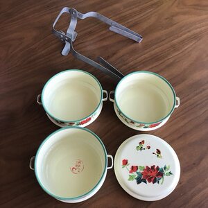 悦俗坊收藏老物件70年代三层搪瓷饭盒老搪瓷饭盒全新未使用复古