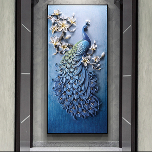 玄关装饰画孔雀3d立体浮雕画轻奢大气镶钻竖版客厅过道走廊墙画