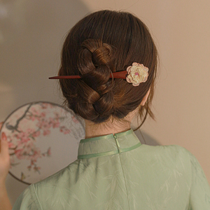 复古干枯花朵檀木簪子古风旗袍汉服头饰女丸子头盘发发簪发钗简约