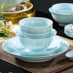 景德镇青瓷玲珑餐具组合 家用饭碗面碗深盘 高档礼品中式碗碟盘子