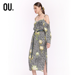 ou./欧点100%桑蚕丝吊带印花连衣裙181135045真丝度假风露肩收腰