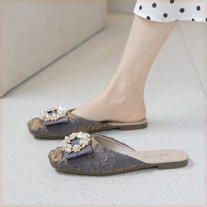 贝贝部落女鞋坊包头半拖鞋女夏外穿方头懒人穆勒平底单鞋凉拖鞋子