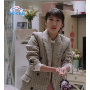 正品tuxee都挺好朱丽李念明星同款衣服20春装格子呢子大衣中长款