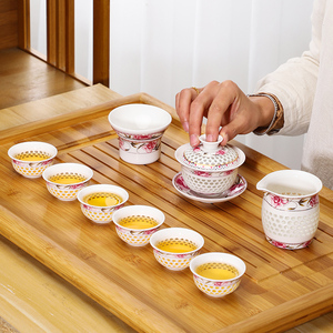 德化陶瓷蜂巢镂空玲珑单人功夫茶具套装送礼家用青花盖碗茶杯中秋