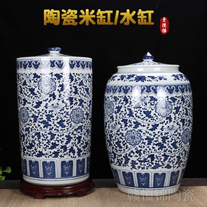 景德镇青花中式复古陶瓷大米缸家用带盖普洱茶饼密封储物罐油水桶