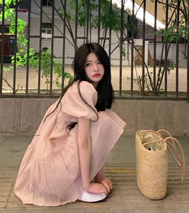 seoul鬼马少女韩系定制sul韩系甜美洋气方领初恋裙纯色短珠一字肩