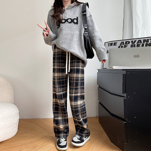 苏格兰格子裤子女秋冬季加绒高腰垂感坠窄版复古毛呢直筒阔腿裤子