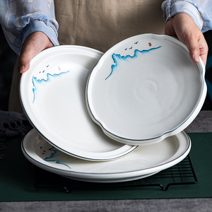 中式特色陶瓷盘子商用酒店山景水墨餐具复古菜盘餐盘汤饭盘釉下彩
