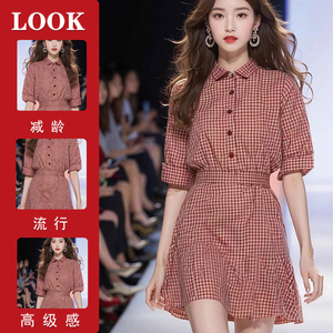 外贸出口意大利女装原单撤柜高端精致超好看红色格子衬衫连衣裙