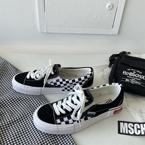 star匡威帆布鞋女黑白格子鞋秋季2020新款学生百搭侧标一脚蹬板鞋