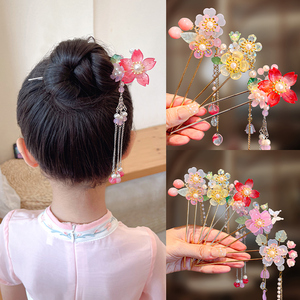 儿童发簪古风汉服花朵发饰小女孩流苏步摇发钗中国风插梳旗袍饰品