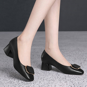 富贵鸟女鞋秋真皮软底粗跟半高跟上班单鞋羊皮职业鞋舒适女式皮鞋