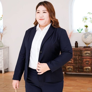 蓝色大码西装外套女胖mm春秋200斤工作服加肥职业装西服正装套装