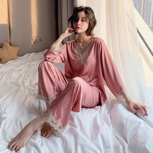 真丝睡衣女春秋长袖两件套薄款宽松冰丝性感蕾丝可外穿女士家居服
