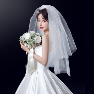 2022新款韩式新娘结婚珍珠超仙森系主婚纱旅拍多层拍照蓬蓬头纱