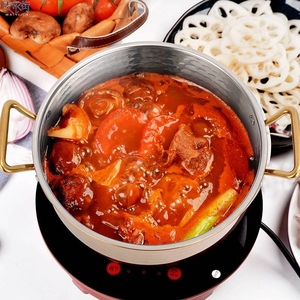 三层钢锤纹高汤锅商用火锅加厚电磁炉燃气通用奶锅金色自助餐汤锅