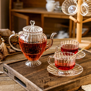 英式下午茶茶具套装红茶杯碟欧式家用条纹玻璃杯复古咖啡杯花茶壶