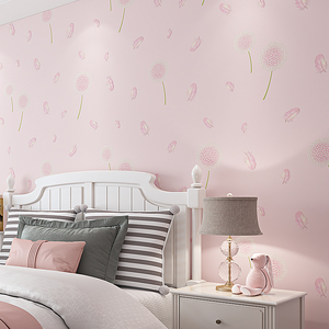 美式清新浪漫蓝色粉色蒲公英羽毛墙纸自粘女孩房温馨卧室壁纸墙贴
