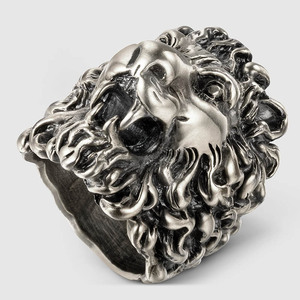 gucci男饰品法国正品18新款银色复古做旧钯金涂层狮子头戒指