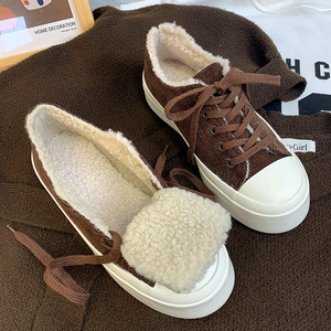磊哥家 冬季加绒帆布鞋女灯芯绒面大头鞋复古百搭二棉鞋厚底板鞋