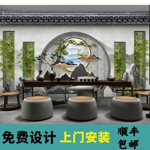 中式古典徽派建筑墙纸复古庭院景观装饰壁画茶楼茶室饭店餐厅壁纸