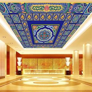 寺庙壁纸彩绘花纹藏式大堂装饰墙纸佛系图天花吊顶墙布背景墙壁画