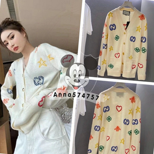 代购gucci古奇新款奶油白色爱心星星针织刺绣开衫外套长袖毛衣z6