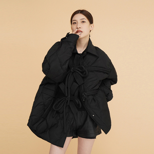 素笺2021年新款复古蝴蝶结黑色中长款衬衫羽绒服女设计感小众外套