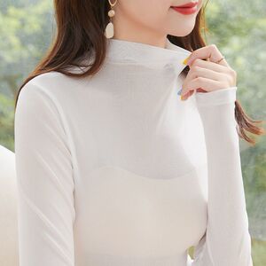 薄纱网纱打底衫女时尚白色蕾丝t恤长袖高领上衣透明透视内搭纱衣