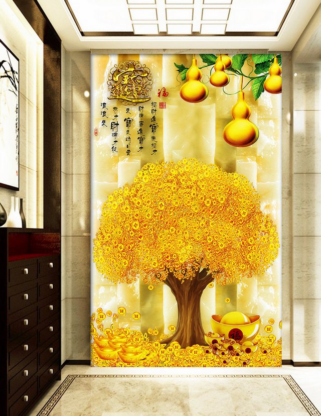 玄关壁画墙纸定制摇钱树发财树过道玻璃自粘墙贴客厅壁纸招财进宝