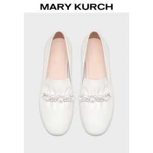 MARY KURCH春夏平底单鞋女珍珠乐福鞋女舒适软底真皮一脚蹬小皮鞋