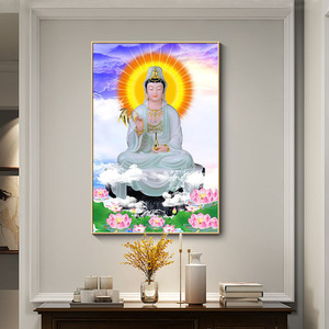 观音菩萨家用坐莲观音佛像挂画新中式玄关镇宅供奉背景墙装饰画