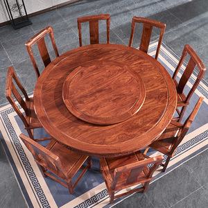 大德居红木餐桌椅组合刺猬紫檀实木圆台花梨木圆形饭桌餐厅原木