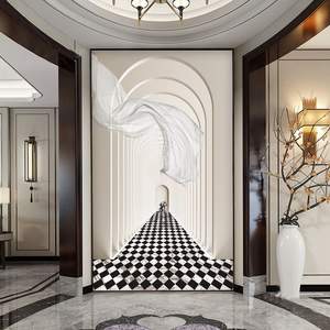 北欧风轻奢空间延伸玄关壁纸大气高档走廊过道墙布极简抽象壁画3d
