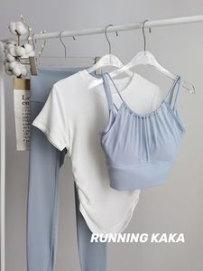 蓝色系运动穿搭网纱假两件白色上衣雾霾蓝健身裤瑜伽健身套装女性
