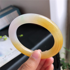 翡翠玉手镯半明料半山水黄翡女款黄金圈口55-58