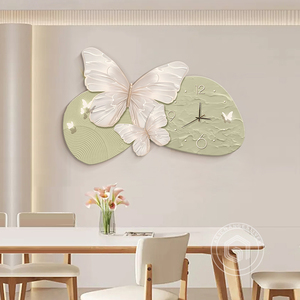 奶油风餐厅装饰画餐桌吃饭厅绿色系高级感卧室带挂钟客厅壁画挂画