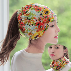 女士丝巾帽子冰丝春秋多用头巾包头套头帽脖套帽印花堆堆帽护耳帽