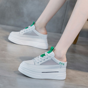 包头半拖鞋女7cm2022年春夏季厚底松糕小白时尚外穿网纱凉拖33码