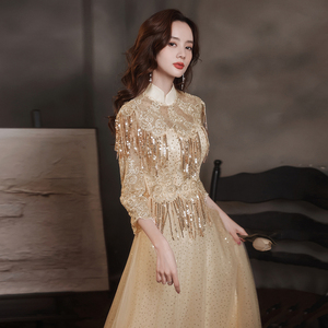 年会晚礼服裙女2021新款金色高端气质遮肉显瘦连衣裙中式伴娘服女
