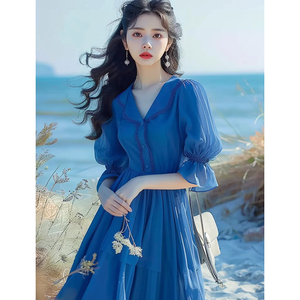 LILY MOST法式茶歇蓝色泡泡袖连衣裙女夏季气质收腰海边度假长裙