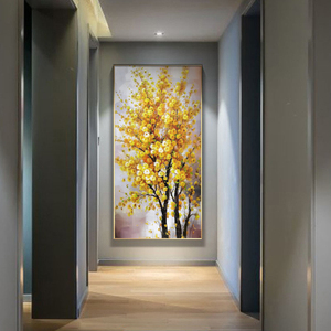 现代轻奢玄关手绘油画简约装饰画过道走廊尽头金色发财树挂画竖版