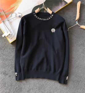 潮牌克罗心十字架梵文烫钻圆领套头男士羊毛打底衫长袖情侣卫衣