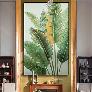 手绘油画芭蕉叶玄关装饰画竖版现代简约过道走廊尽头挂画家大叶大