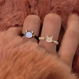 韩国气质冷淡风珍珠贝母戒指女黑白猫咪二次元可爱复古叠戴指环