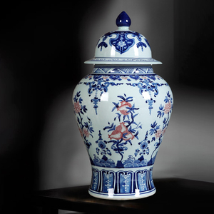 景德镇陶瓷器将军罐手绘中式摆件青花釉里红家居客厅装饰品花瓶
