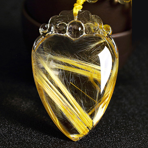 精品天然钛晶心形吊坠男女款金发晶项链原石雕刻水晶挂件招财饰品