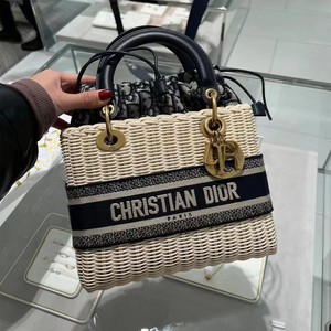 【迪迪拍】dior/迪奥 lady柳条草编帆布抽绳手提包戴妃包单肩女包